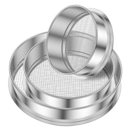Soil Sieve Stainless Steel Riddle Sieve Set, Garden Potting Soil Sifter, Compost Sifter Screen Pan, Garden Potting Riddle Sieve, Planting Soil Sifters Strains for Topsoil, Akadama Soil, Fine Sand