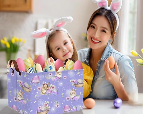 Image of Large Rectangular Easter Baskets Empty Waterproof Boy Toy Box Foldable Kid's Gifts Storage Bin Spring Room Decor(Purple Fireworks Rabbit Egg)