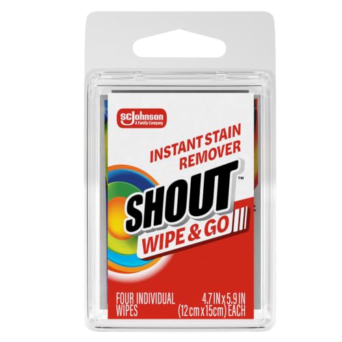 Image of Shout Wipes, Wipe and Go Instant Stain Remover, Laundry Stain and Spot Remover for On-the-Go, 4 Wipes (Pack of 1)
