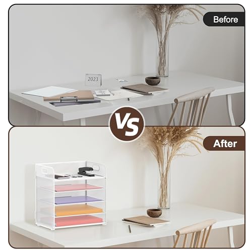 Image of 2 Pack 5-Tier White Desk Organizer with Handle Mesh Desk File /Paper Organizer Letter Tray for Office, School and Home Easy Installation