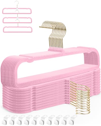 Image of Felt Hangers Pink Velvet Hangers, Cute Pants Hanger, 20 Pack Chic Hangers | 360 Rotatable Golden Hanger for Jean Slack Closet, Anti-Slip Lightweight Padded Slim Space Saving Flocked Trouser Hangar