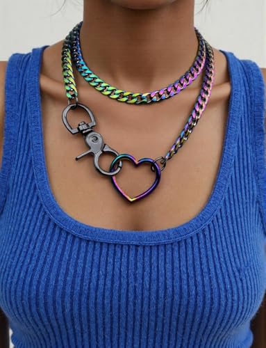 Slip Chain Rainbow Chunky Necklace for Women, Heart Cuban Long Layered Jewelry, Adjustable Thick Collar Necklace Heart Loop Choker3