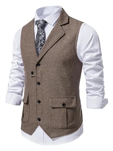 Mnjyihy Men's Herringbone Slim Fit Suit Vest Casual Business Single Breasted Lapel Banquets Weddings Formal Waistcoat3