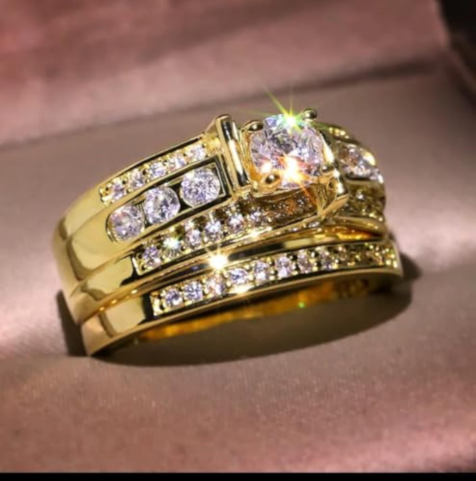 Women's Luxury Gold-Plated Diamond Ring Set, Engagement & Wedding