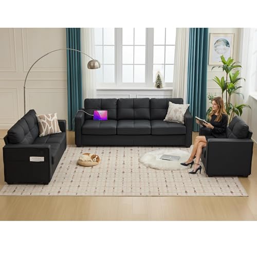 TYBOATLE Black Faux Leather Sofa Sectional Couches for Living Room,