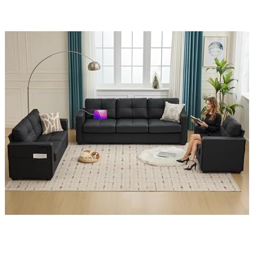 TYBOATLE Black Faux Leather Sofa Sectional Couches for Living Room, 3 Piece Living Room Set Furniture, Comfy Modular Convertible Sofas, Home Office Sofa Set
