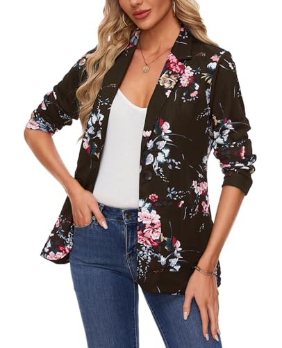 MINTLIMIT Women Jacket Blazers Casual Button Front Lapel Collar Stretchy Long Sleeve Blazer Suit Jacket Formal Work Office,M,Floral Black2