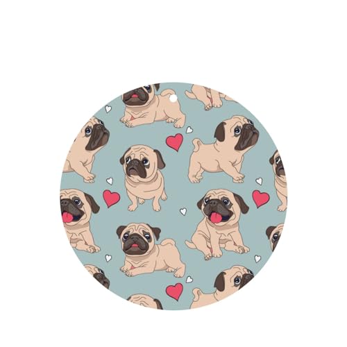 吊り下げ式車用芳香剤カード 2枚パック - 長持ちする吊り下げ式アロマセラピーカード (ラベンダーの香り) 車、自宅の寝室、ワードローブ、靴箱などに最適。ユニセックス (アニメパグ犬 レッドハート1-01)