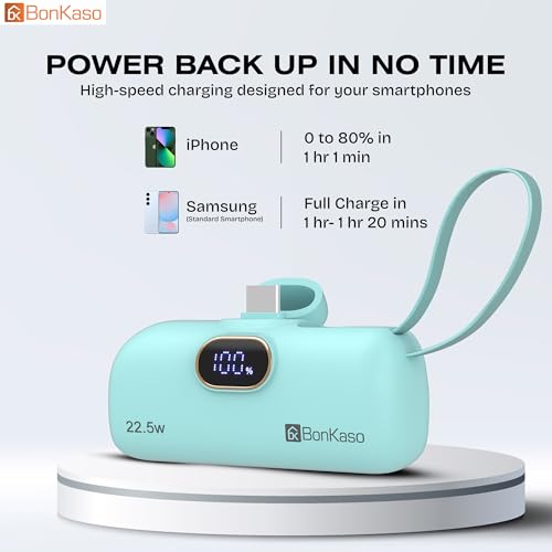 Image of BonKaso 5000mAh Mini Power Bank with Built in Cable, 22.5W PD Fast Charging Pocket Portable Charger, USB Type C Input and Output, Digital LED Display for iPhone and Android, Green