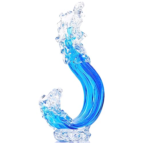 Blue Hand Blown Glass Ocean Wave Statue,Fused Sea Glass Art