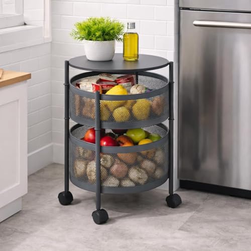 Image of HomeWiz 2-Layer Round Kitchen Trolley | Movable Storage Organizer for Fruits & Vegetables | Perforated Mesh Baskets with Solid Flat Top | Multipurpose Rack for Onion & Potato | Rust-Resistant | Black