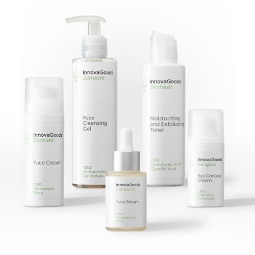 InnovaGoods® Set skincare, x1 crema hidratante facial, x1 contorno de ojos, x1 sérum facial, x1 limpiador facial, x1 tónico facial, ingredientes naturales CBD, hidrata, ilumina. Pieles sensibles