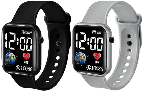 Goldenize Fashion New Waterproof Day Date Display Muticolour Electronic Children Kids Digital Sports Fitness Square Led Watch for Kids, Boy & Baby Girls- Watch for Kids Gift-Pack of 2 (Black-Grey)