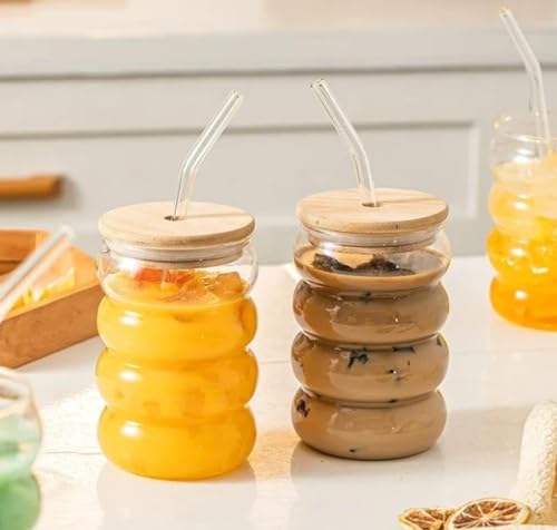 Image of SYANKA Premium Bubble Glass Sipper Can Set of 1, 510 ML, Transparent, Mason Jar Cup with Lid and Straw, Drinking Glasses for Smoothies, Iced Coffee, Boba Tea, Cocktails, Beer, Juice & Milkshakes
