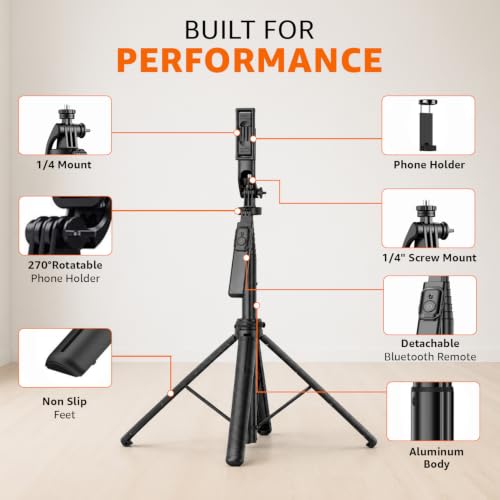 Image of Amazon Basics 71 inch Extendable Selfie Stick Tripod with Quad Stand, 360 Rotatable Handle, Detachable Bluetooth Remote, Phone Tripod for Vlogging, YouTube & Travel, Compatible with All Smartphones