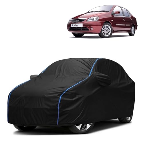 Image of Kerwa Car Body Cover Waterproof Compatible with TATA Indigo CS | Scratch Proof, Anti-Dust, UV Protection with Windproof Buckle Strap and Mirror Pockets, Bottom Elastic Fitted-Black