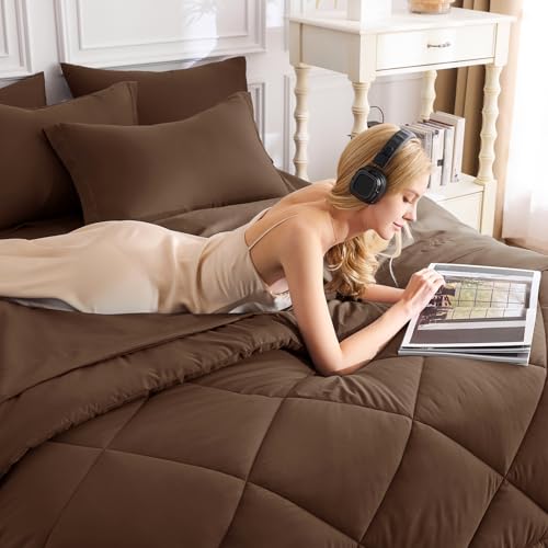 Image of CozyLux Twin XL Comforter Set Brown - 5 Pieces Twin Extra Long Bed in a Bag for College Dorm, All Season Bedding Set for Girls and Boys, Soft Bed Set with Comforter, Sheets, Pillowcase & Sham