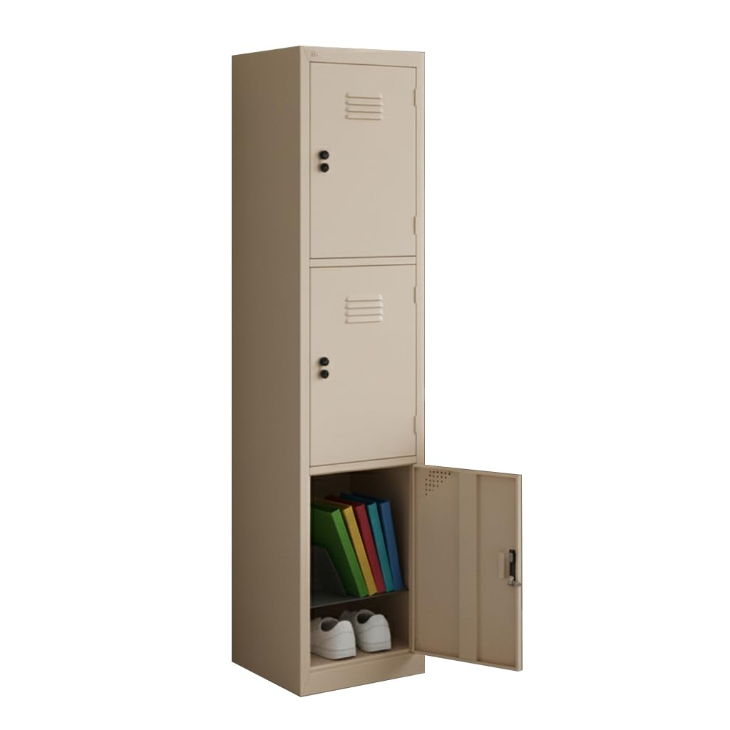 RIGID 3 Door Steel Locker with 2 Shelves & Lock, Metal Storage Cabinet for Home, School, Office – Ventilated Organizer with Plastic Handle, Heavy Duty Wardrobe (Beige) – Pre-Assembled