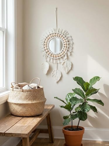 Image of JH Gallery Macrame Wall Decor Mirror - Round Cotton Rope Boho Hanging with Fringe & Beads for Stylish Home Decor, Macrame Wall Mirror for Bedroom, Living Room and Office Decor.(White)