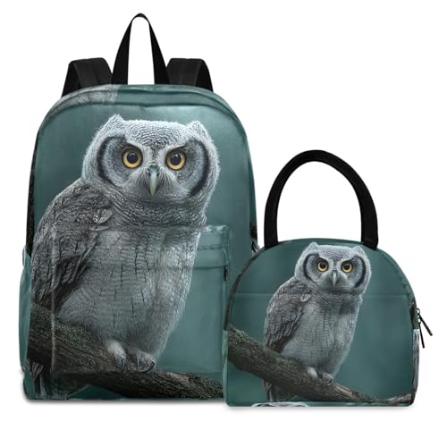 Forest Owl Print Backpack Set with Lunch Bag, Large Capacity Travel Backpacks and Lunch Box Insulated for Commute Hiking Picnic