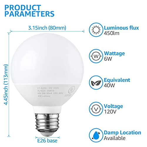 Torchstar G25 Led Globe Bulb, For Bathroom Vanity Or Mirror, 40W Equivalent 6W, Dimmable 450 Lm Globe Led Light Bulbs, 3000K Warm White, E26 Base, Ul & Energy Star Listed, Pack Of 6 #TOP1