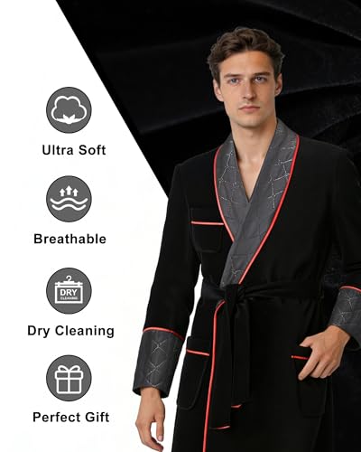 Image of Men's Long Velvet Smoking Jacket Smoking Robe with Belt Shawl Lapel Quilted Dressing Gown