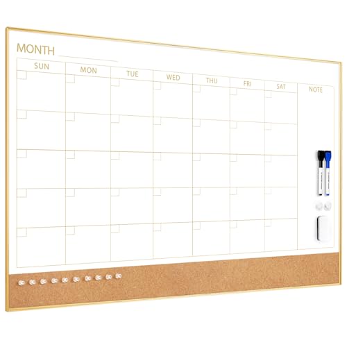 ARCOBIS Dry Erase Calendar Whiteboard Cork Board Combo, 90 x 60 Magnetic White Board Calendar Dry Erase for Wall, Gold Frame Monthly Combination Board for Office, Home, School ARCOBIS Dry Erase Calendar Whiteboard Cork Board Combo, 90 x 60 Magnetic White Board Calendar Dry Erase for Wall, Gold Frame Monthly Combination Board for Office, Home, School