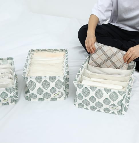 Image of House of Quirk Cotton Linen Set Of 3 Underwear Organizer Set - 5 /6 /9-Compartment Dividers For Closet & Drawer (White /Green Leaf), Clothing