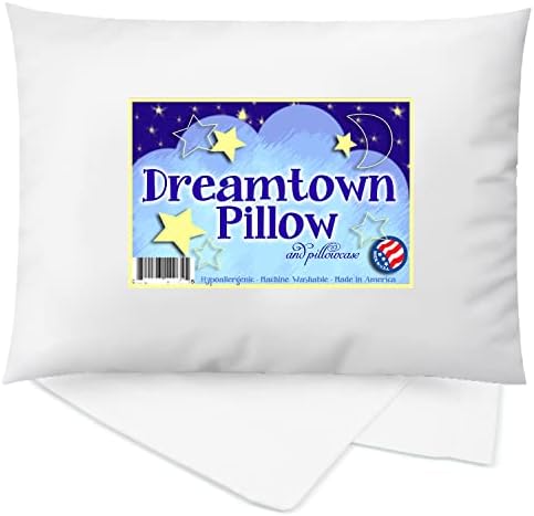 Dreamtown Kids Toddler Pillow & Pillowcase, Hypoallergenic & Made in USA. Ideal for Crib, Bed & Travel. Soft & Breathable for Safe, Cozy Sleep. Perfect for Boys and Girls - Ages 2+,White