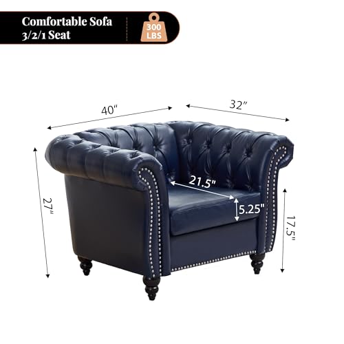 Image of LEVNARY Chesterfield Armchair, Tufted Leather Accent Chair, Mid-Century Modern Single Chair with Rolled Arms and Nailhead Trim, PU Leather Reading Chair for Living Room (Blue)