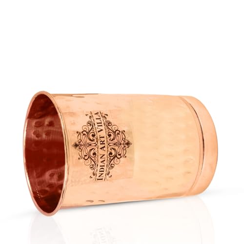 Image of INDIAN ART VILLA Pure Copper Plain Glass with Hammered Design, Drinking Serving Water, Yoga Ayurveda, Volume-300 ml, Pack of 2