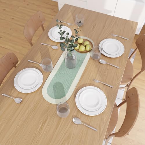 Image of Encasa XO Table Runner for 4 Seater | Handmade Ribbed Style Cotton | 30x91 cm | Sage & Off White | for Dining & Center Table