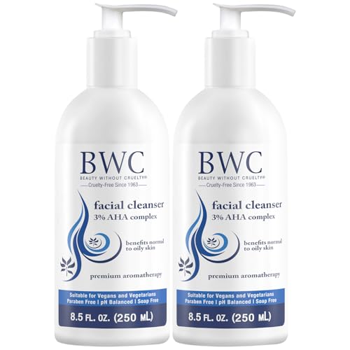 Beauty Without Cruelty AHA Facial Cleanser 2-Pack – Exfoliating Face Wash with Botanicals & Essential Oils, Benefits Normal to Oily Skin, Vegan-Friendly & Cruelty-Free, 8.5 Fl Oz Ea