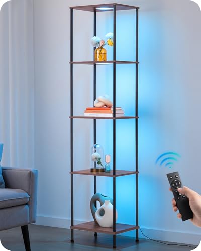 Image of EDISHINE RGBW 5-Tier Display Shelf Floor Lamp, 3 Modes Remote, Walnut | Adjustable Brightness & Color Temperature, 3 Modes, Remote Control, Modern Corner Lamp for Living Room, Bedroom, Study