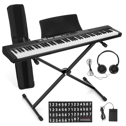 88 Key Piano Keyboard Electric Digital Piano with Full Size Semi Weighted Keys Beginner Piano Set with Sustain Pedal Stand Headphones Carrying Case (Black)