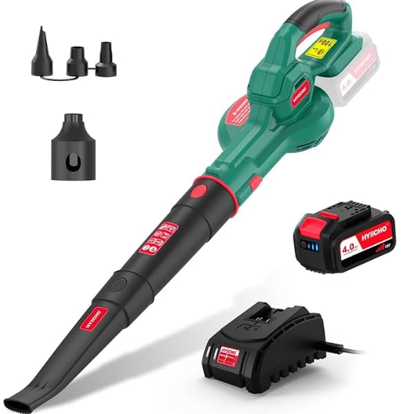 Soplador de hojas con batería de 18 V, velocidad del viento de 223 km/h, batería de 4,0 Ah, 3 boquillas, ergonómico y ligero (1,93 kg), para limpiar hojas y polvo en el jardín y el patio