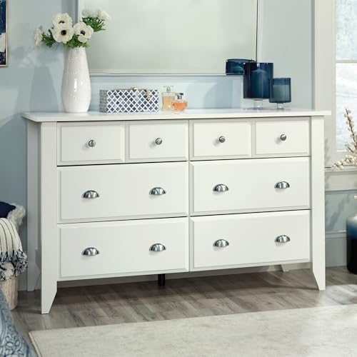 Image of Sauder Shoal Creek Dresser, Six Drawer Storage, Oak Bedroom Dresser, Soft White Finish