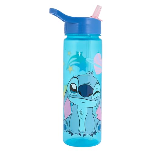 Disney Water Bottle with Flip Up Straw Blue 600ml BPA Free Recyclable for Ages 36+ Months (Stitch)