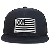 Armycrew Youth Kid's Black White American Flag Patch Flat Bill Snapback Trucker Cap - Black Black