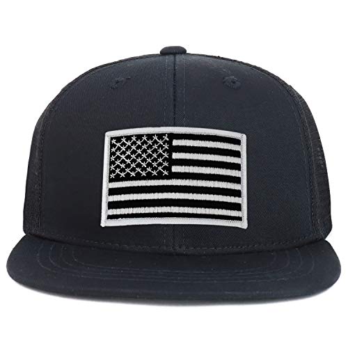 Armycrew Youth Kid's Black White American Flag Patch Flat Bill Snapback Trucker Cap - Black Black