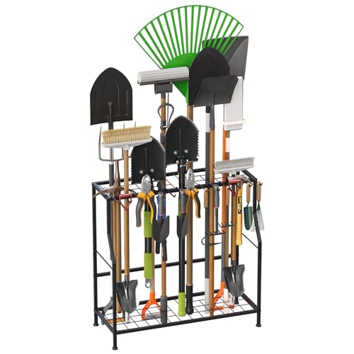 Garden Tool Organizer, Large Yard Tool Rack for Garage Organization and Storage, 5 Large Tool Slots For D/Y-shaped Handles, Up to 43 Long-Handled Tools/Brooms/Rakes, Garden Tool Stand for Shed Black