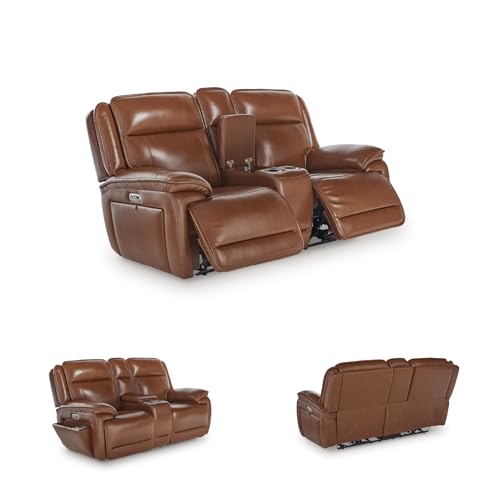 Image of Signature Design by Ashley Healy Pier Power Reclining Loveseat, Zero-Gravity Comfort, Leather and Faux Leather Construction, Home Theater Seating with Console, Dark Brown, 78 inch W