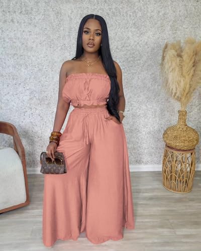 Image of Two Piece Sets for Women Summer Outfits Crop Tops and Wide Leg Pants Sets Sexy Jumpsuits Vacation Outfits with Pockets