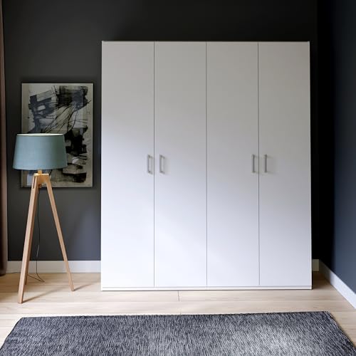 Forte ECONOBOX 2 Kleiderschrank 175 180, 4-türiger Drehtürenschrank mit Einlegeböden und Kleiderstange, Holzwerkstoff, Weiß, 177,5 cm breit, 210,5 cm hoch, 54,2 cm tief
