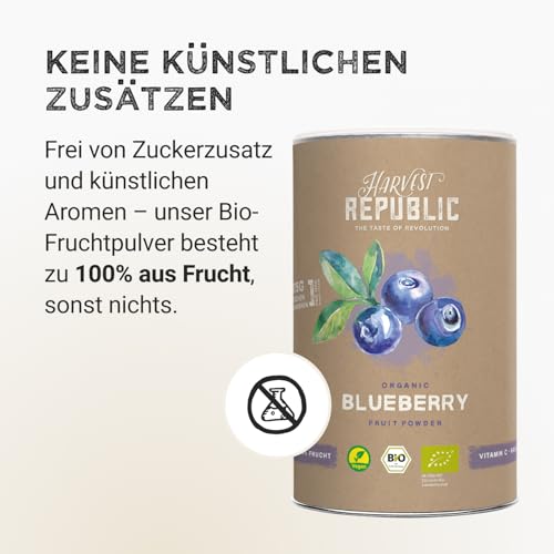 Harvest Republic Bio-Wildheidelbeerpulver aus gefriergetrockneten Früchten | Perfekt für Smoothie Bowls, Porridge und Frühstücksbowls | 100% Fruchtpulver ohne zugesetzten Zucker (125 g)