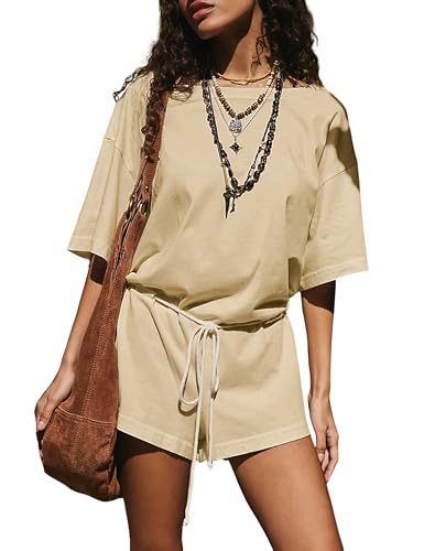 Yeokou Women's Casual Cotton Romper Short Sleeve Round Neck Tie W...