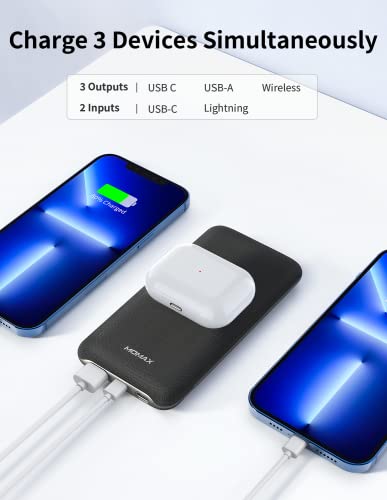 Momax Wireless Portable Charger, 10000Mah Mfi Power Bank Lightning Input 20W Pd Qc 3.0 Usb C External Battery Pack 2 Input & 3 Output Phone Charger For Iphone, Airpods, Samsung, Android (Dark Grey) #TOP3