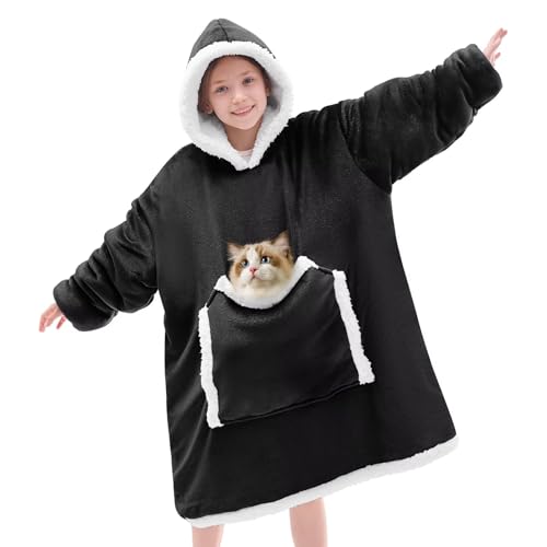JOYWOO Black Kids Wearable Blanket Hoodie,Oversized Cat Lovers Hoodie Blanket for Kids & Teens,Birthday Gifts for Girl Boys,Warm Cozy Fuzzy Sherpa Fleece Sweatshirt Blanket with Giant Pocket Gifts