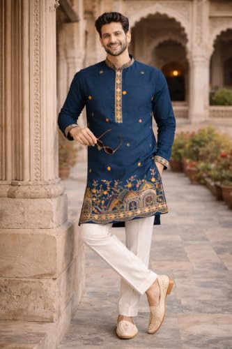Buy Amazon Brand - Tavasya Men’s Blue Ethnic Floral Embroidered Border Kurta (HOPMK498_M) at Amazon.in - Image 4