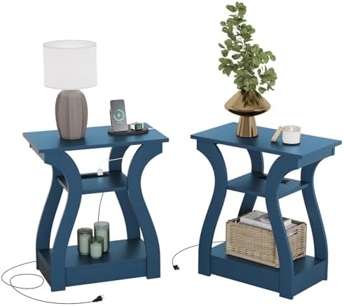 End Table with Charging Station, Side Table with USB Ports and Ou...